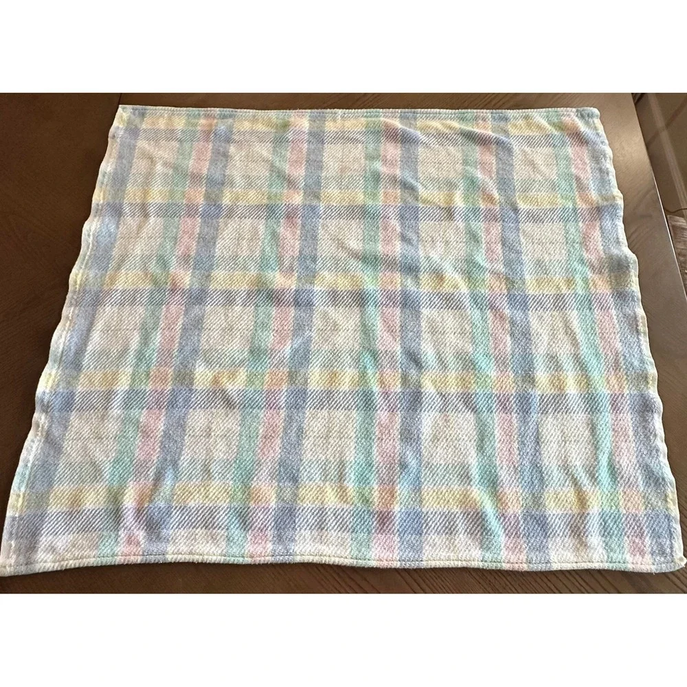 Vintage Gerber Thermal Weave Crib Blanket Pastel Plaid Check Cotton 32x37